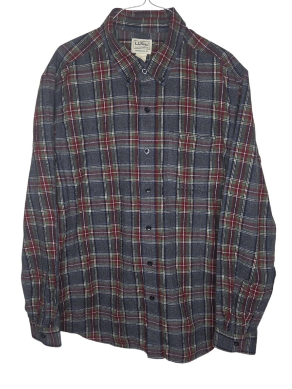 LL Bean Men's Gray Scotch Plaid Flannel Traditional Fit Button Down Shirt Size L